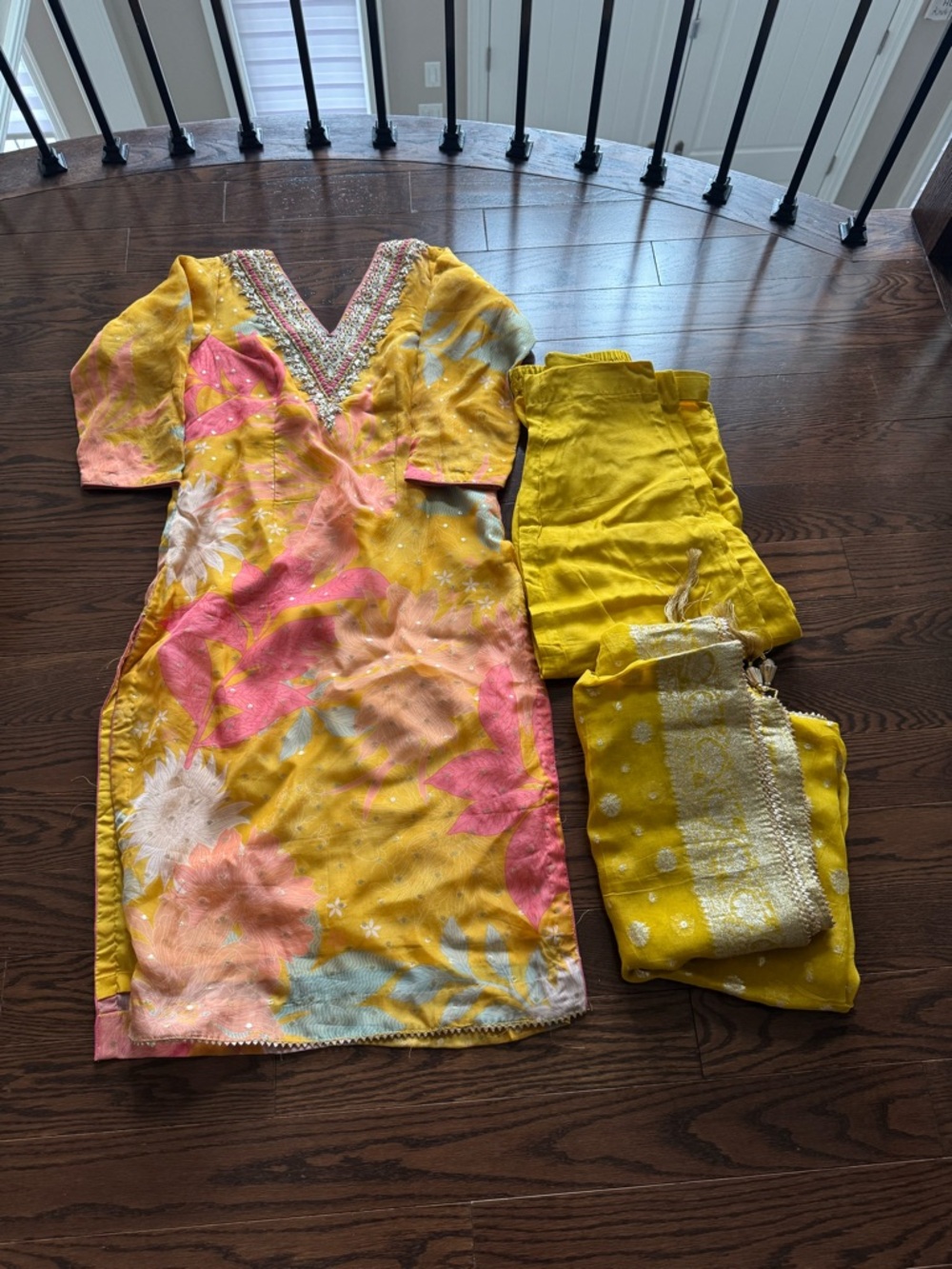 Yellow Floral Embroidered pant style suit Set with Pink & Blue Accents
